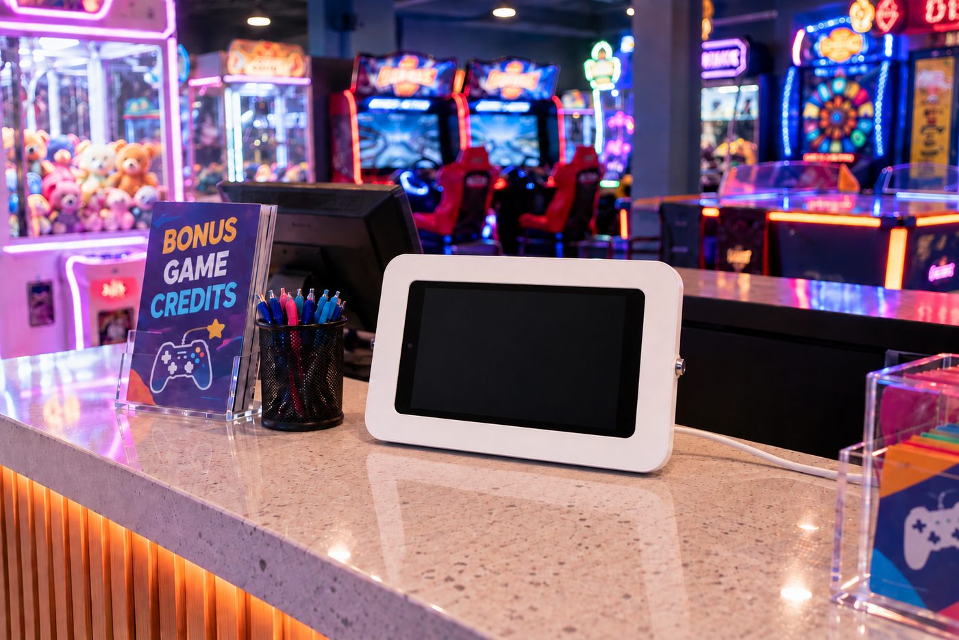 Kiosk at an arcade counter