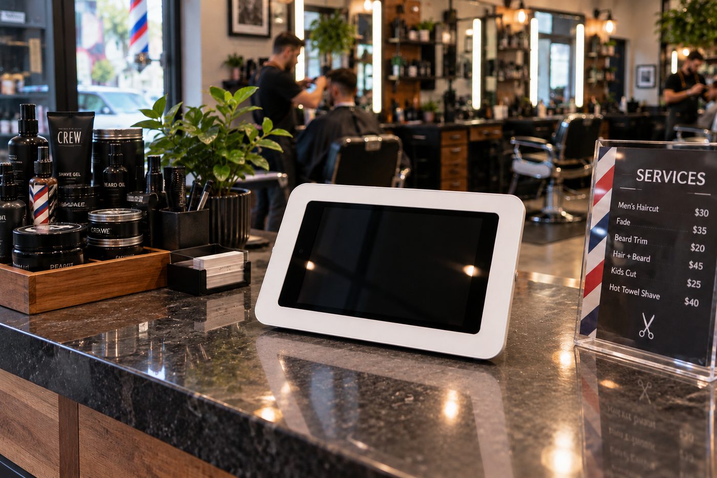 Kiosk at a barbershop counter, screen off