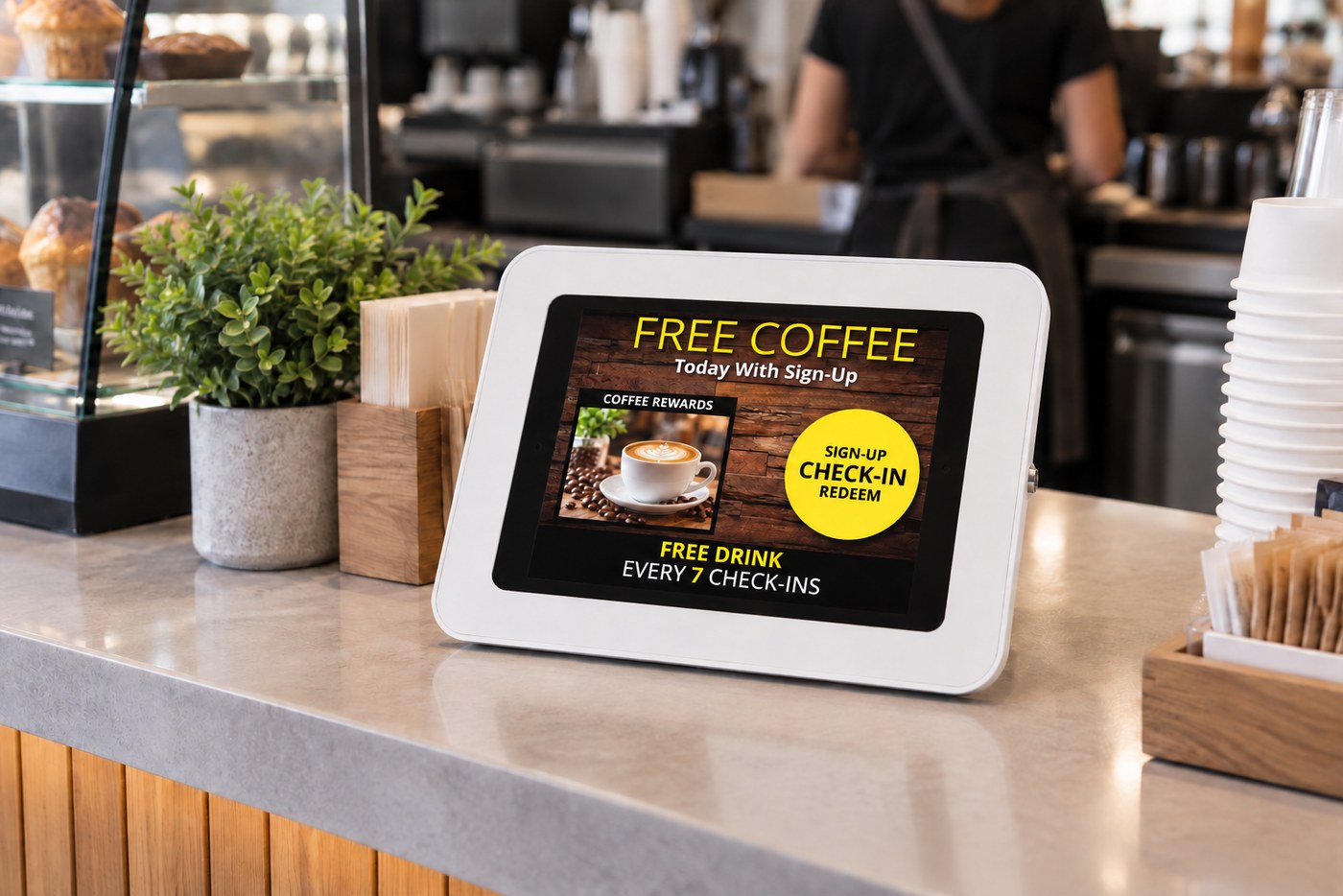 Kiosk on a cafe counter beside a pastry case