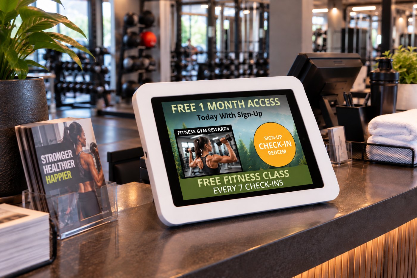 Kiosk at a gym reception counter